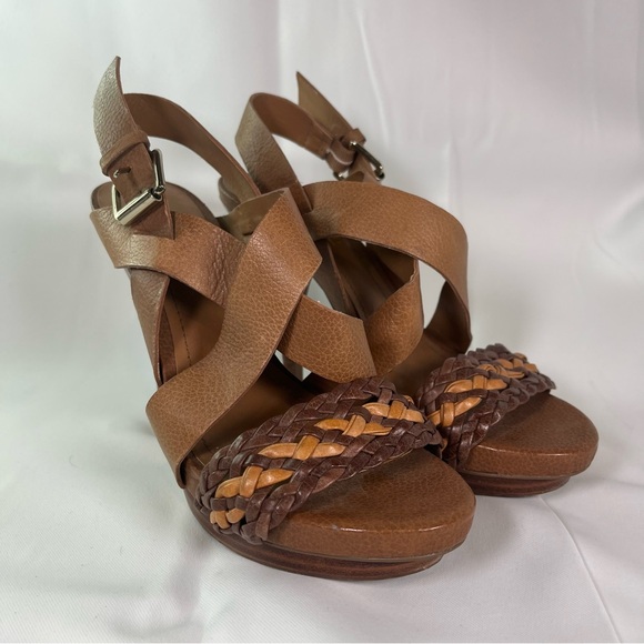 Marco Santi Braided Brown Leather Stiletto Heels Sandals Size 6 Gold Buckles - Picture 1 of 7
